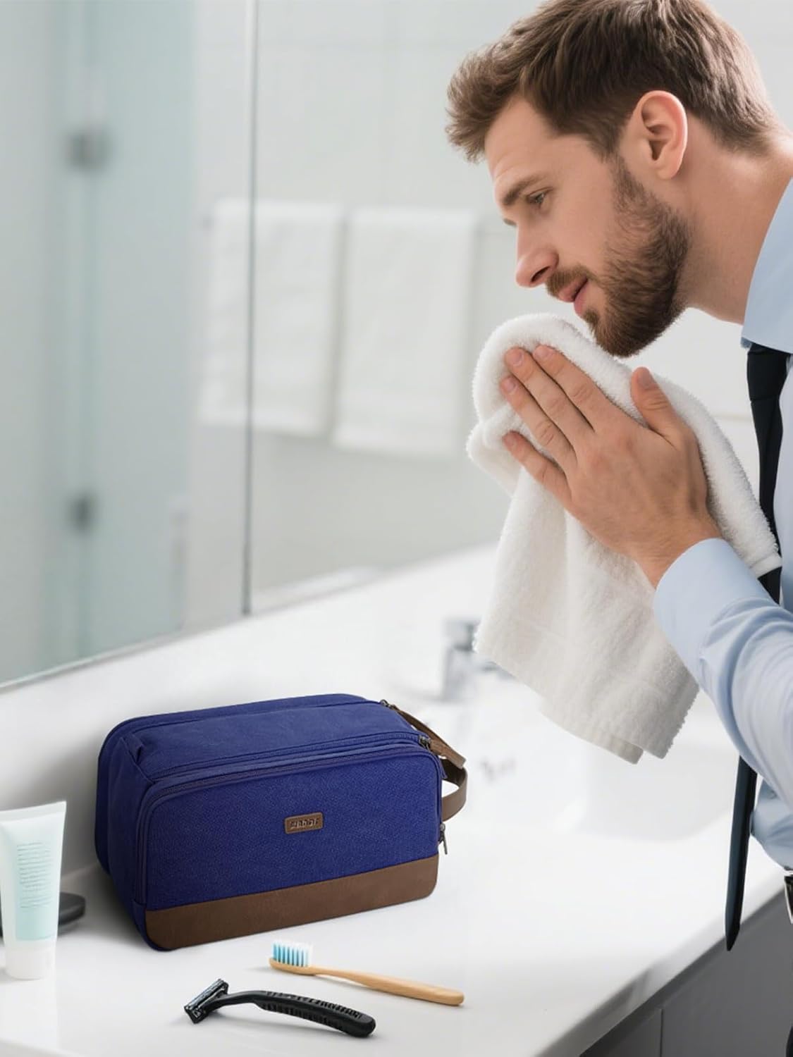 Toiletry Bag for Men Travel Toiletry Organizer Canvas and Leather Dopp Kit Water-Resistant Shaving Bag for Travel Accessories (Green, Large)