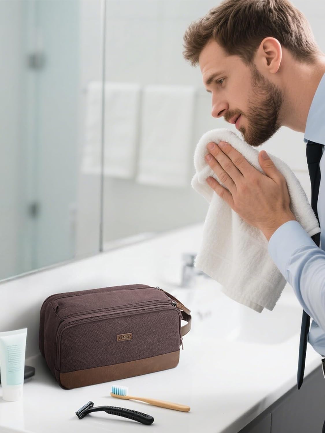Toiletry Bag for Men Travel Toiletry Organizer Canvas and Leather Dopp Kit Water-Resistant Shaving Bag for Travel Accessories (Green, Large)