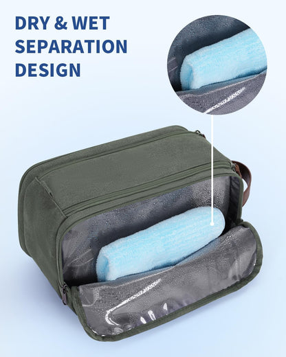Toiletry Bag for Men Travel Toiletry Organizer Canvas and Leather Dopp Kit Water-Resistant Shaving Bag for Travel Accessories (Green, Large)