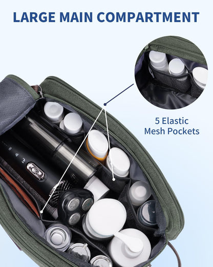 Toiletry Bag for Men Travel Toiletry Organizer Canvas and Leather Dopp Kit Water-Resistant Shaving Bag for Travel Accessories (Green, Large)
