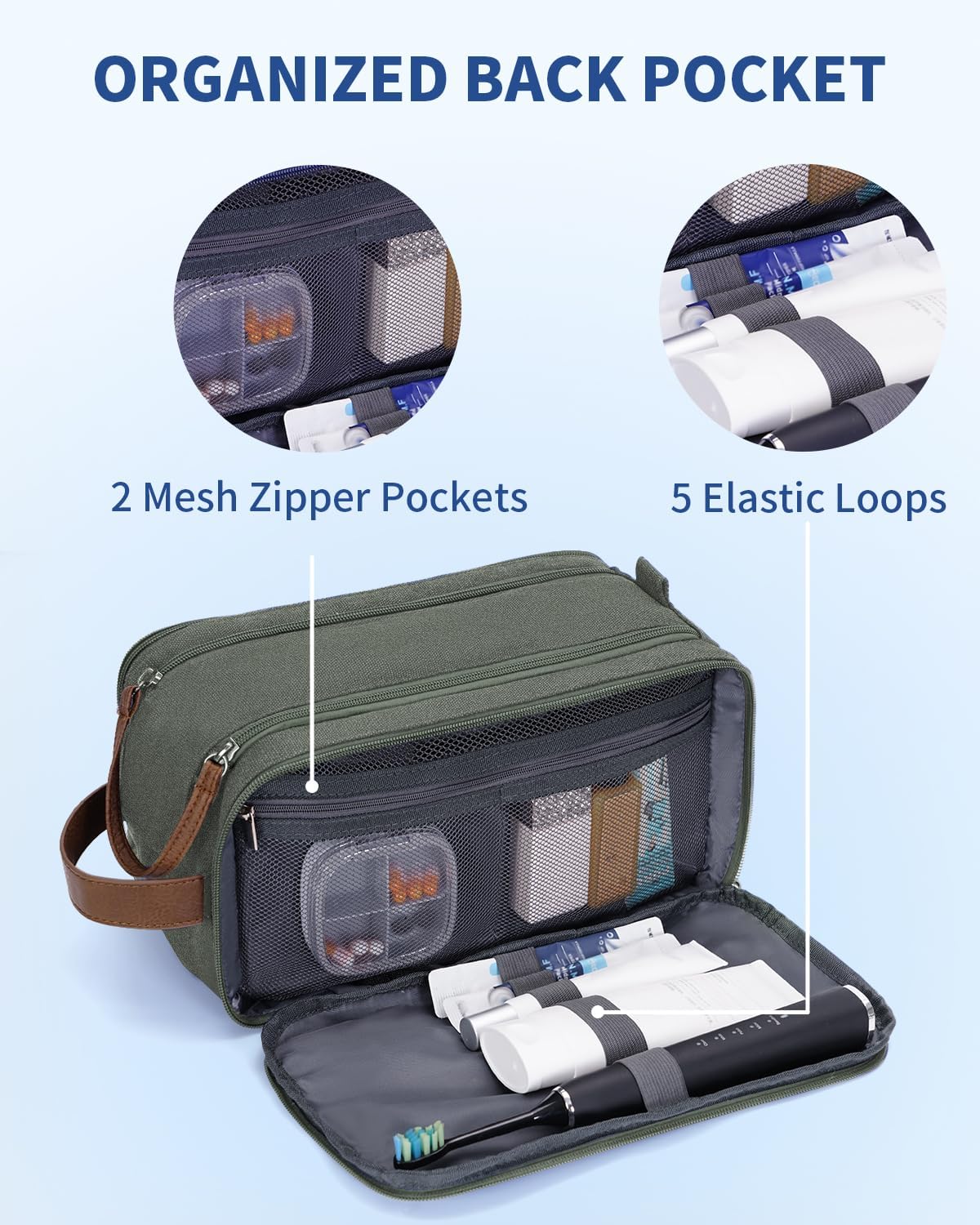 Toiletry Bag for Men Travel Toiletry Organizer Canvas and Leather Dopp Kit Water-Resistant Shaving Bag for Travel Accessories (Green, Large)