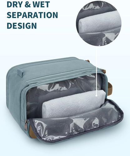 Toiletry Bag for Men Travel Toiletry Organizer Canvas and Leather Dopp Kit Water-Resistant Shaving Bag for Travel Accessories (Green, Large)