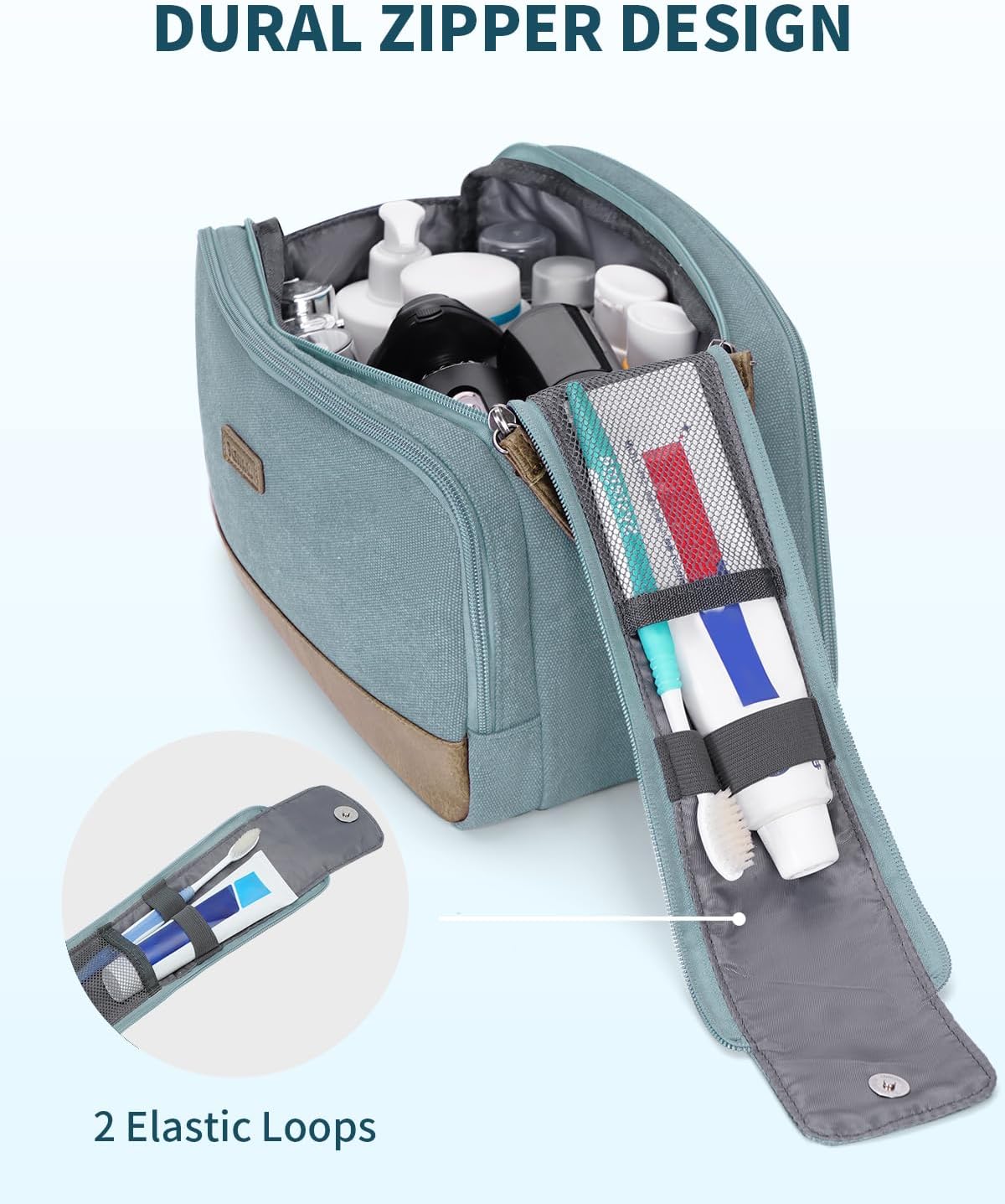 Toiletry Bag for Men Travel Toiletry Organizer Canvas and Leather Dopp Kit Water-Resistant Shaving Bag for Travel Accessories (Green, Large)