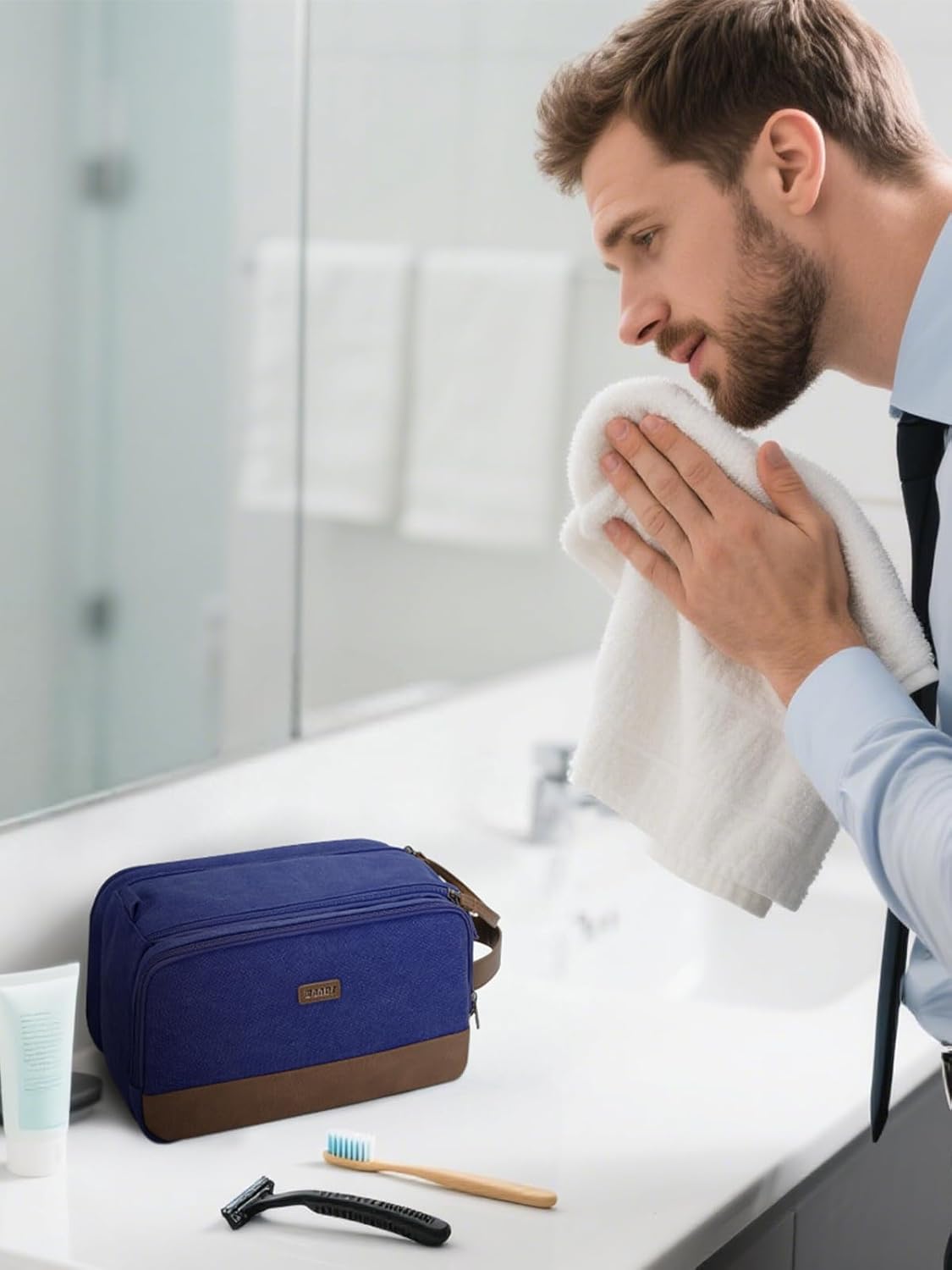Toiletry Bag for Men Travel Toiletry Organizer Canvas and Leather Dopp Kit Water-Resistant Shaving Bag for Travel Accessories (Green, Large)