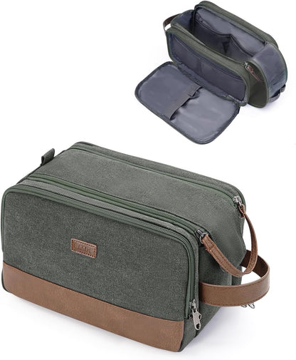 Toiletry Bag for Men Travel Toiletry Organizer Canvas and Leather Dopp Kit Water-Resistant Shaving Bag for Travel Accessories (Green, Large)