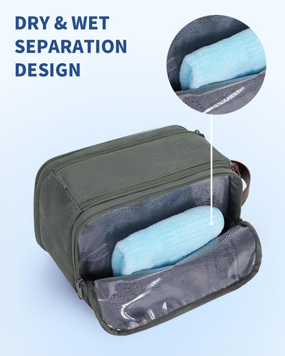 Toiletry Bag for Men Travel Toiletry Organizer Canvas and Leather Dopp Kit Water-Resistant Shaving Bag for Travel Accessories (Green, Large)