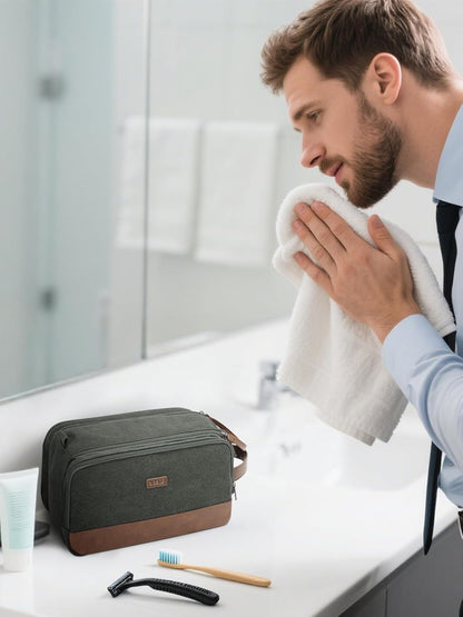 Toiletry Bag for Men Travel Toiletry Organizer Canvas and Leather Dopp Kit Water-Resistant Shaving Bag for Travel Accessories (Green, Large)