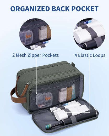 Toiletry Bag for Men Travel Toiletry Organizer Canvas and Leather Dopp Kit Water-Resistant Shaving Bag for Travel Accessories (Green, Large)