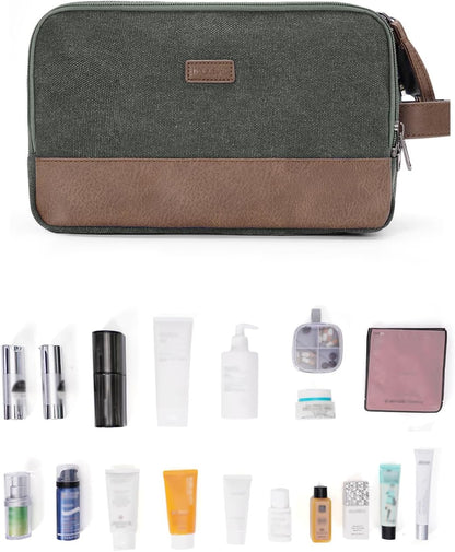 Toiletry Bag for Men Travel Toiletry Organizer Canvas and Leather Dopp Kit Water-Resistant Shaving Bag for Travel Accessories (Green, Large)