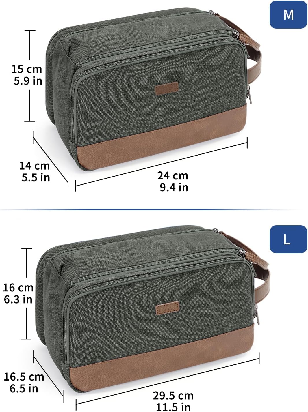 Toiletry Bag for Men Travel Toiletry Organizer Canvas and Leather Dopp Kit Water-Resistant Shaving Bag for Travel Accessories (Green, Large)