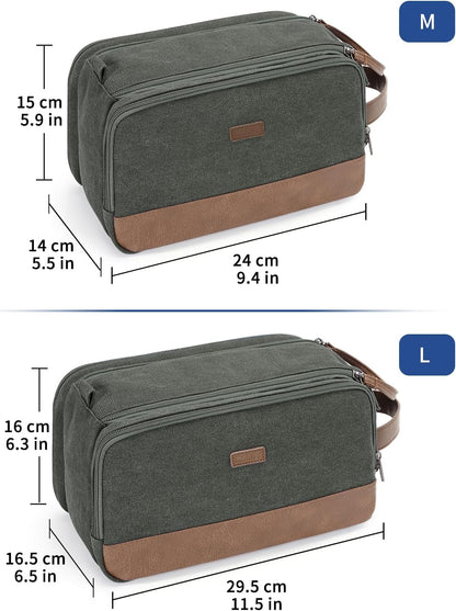 Toiletry Bag for Men Travel Toiletry Organizer Canvas and Leather Dopp Kit Water-Resistant Shaving Bag for Travel Accessories (Green, Large)