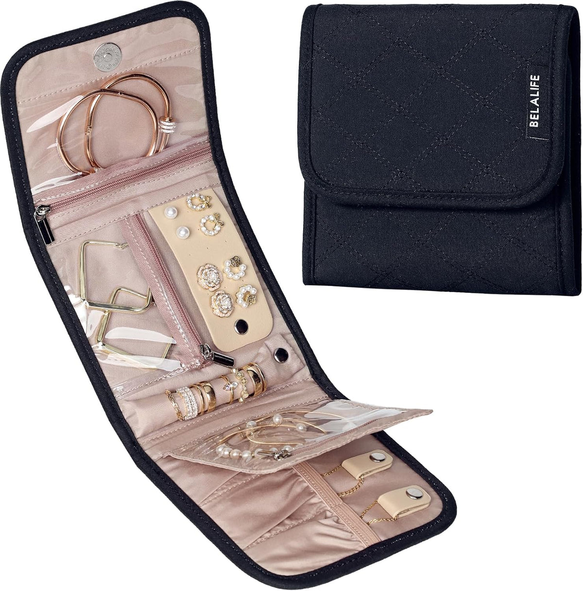 Travel Jewelry Case Organizer, Medium Foldable Storage Roll for Earrings, Necklaces, Rings, Bracelets, Brooches, Pink
