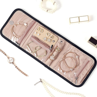 Travel Jewelry Case Organizer, Medium Foldable Storage Roll for Earrings, Necklaces, Rings, Bracelets, Brooches, Pink