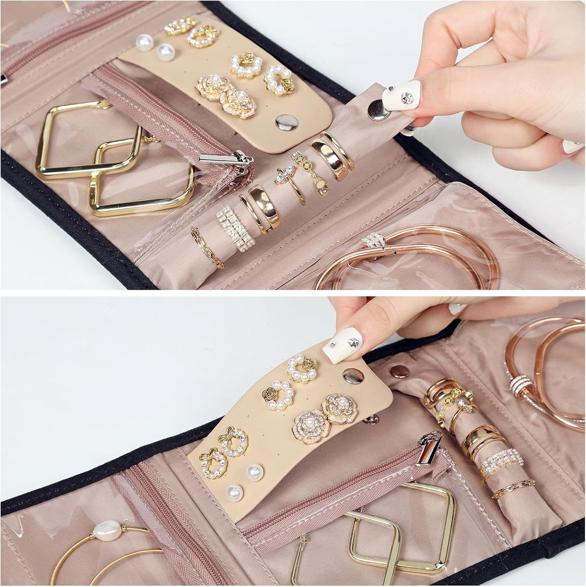 Travel Jewelry Case Organizer, Medium Foldable Storage Roll for Earrings, Necklaces, Rings, Bracelets, Brooches, Pink