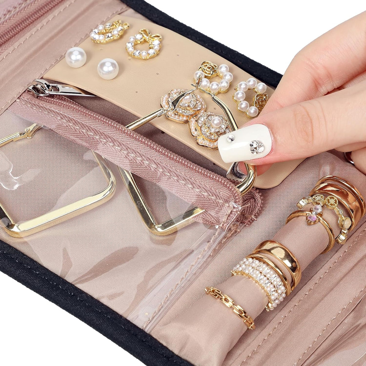 Travel Jewelry Case Organizer, Medium Foldable Storage Roll for Earrings, Necklaces, Rings, Bracelets, Brooches, Pink