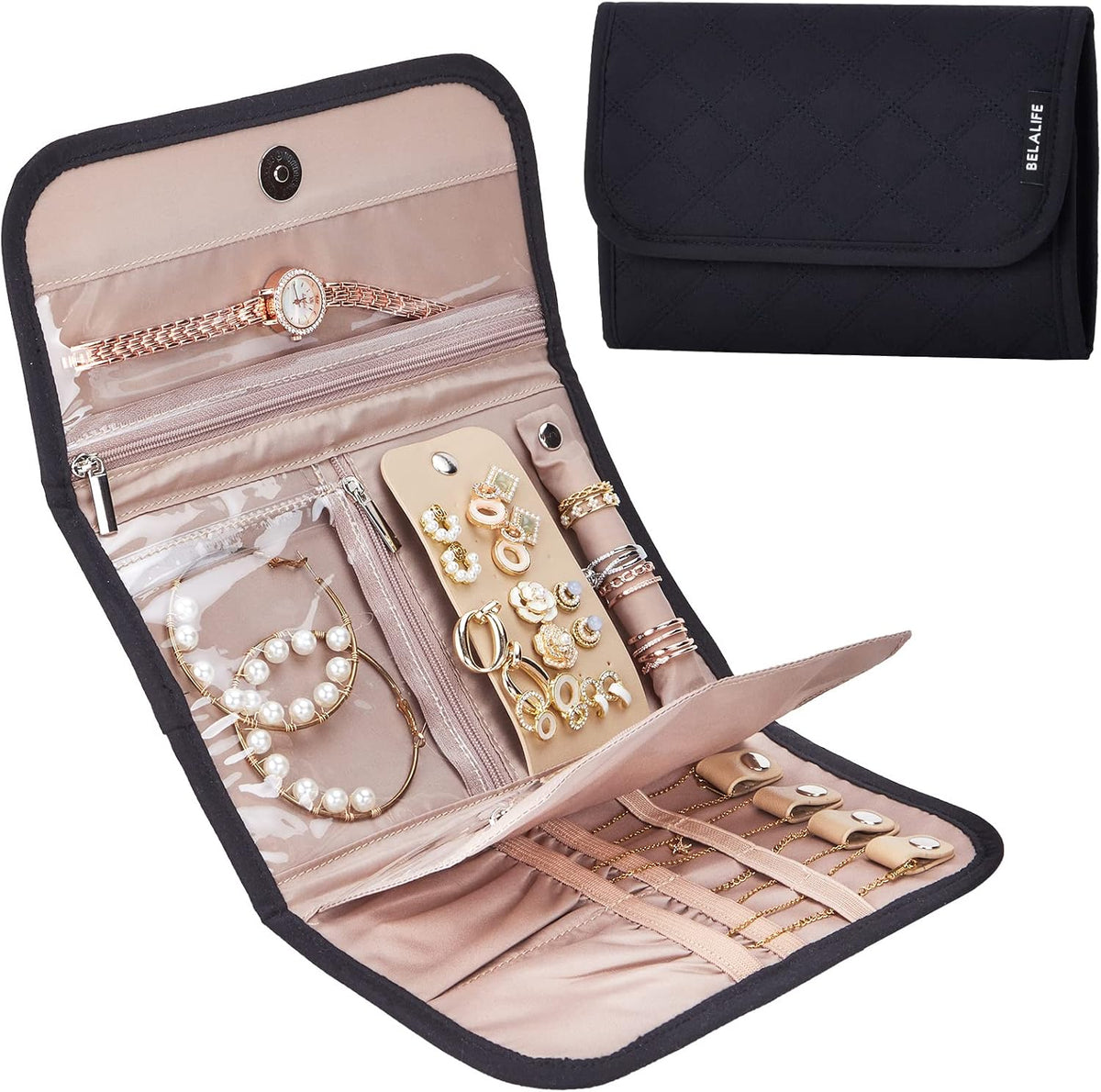 Travel Jewelry Case Organizer, Medium Foldable Storage Roll for Earrings, Necklaces, Rings, Bracelets, Brooches, Pink