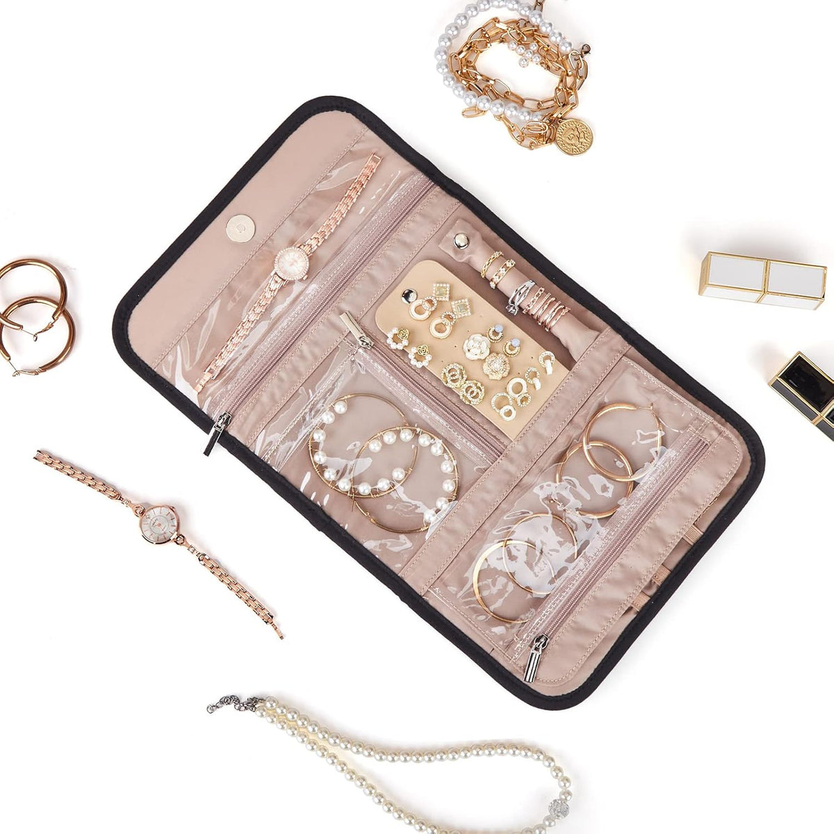 Travel Jewelry Case Organizer, Medium Foldable Storage Roll for Earrings, Necklaces, Rings, Bracelets, Brooches, Pink