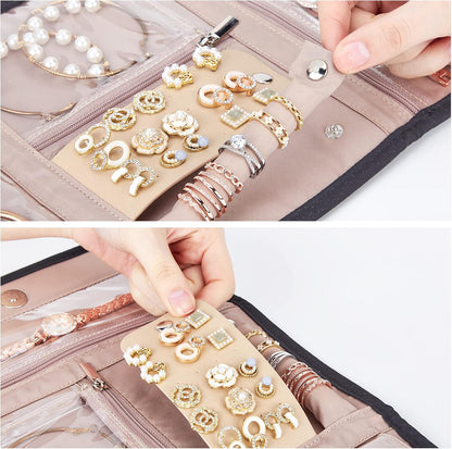 Travel Jewelry Case Organizer, Medium Foldable Storage Roll for Earrings, Necklaces, Rings, Bracelets, Brooches, Pink