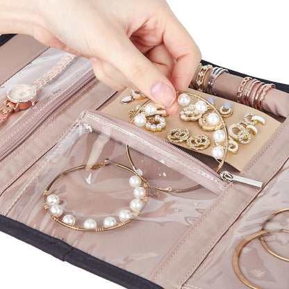 Travel Jewelry Case Organizer, Medium Foldable Storage Roll for Earrings, Necklaces, Rings, Bracelets, Brooches, Pink