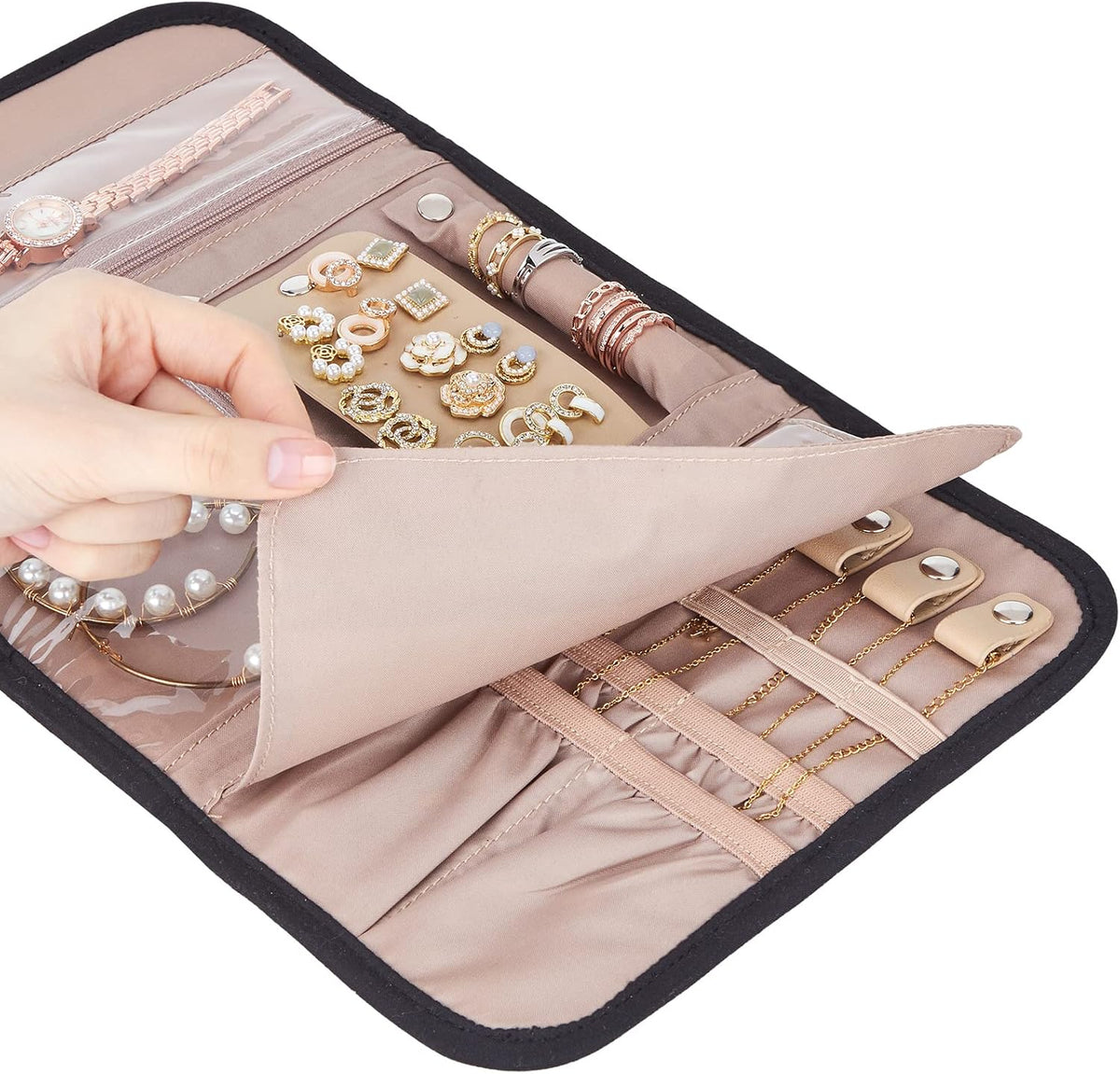 Travel Jewelry Case Organizer, Medium Foldable Storage Roll for Earrings, Necklaces, Rings, Bracelets, Brooches, Pink