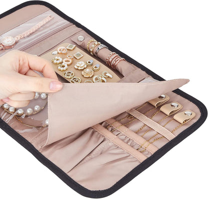 Travel Jewelry Case Organizer, Medium Foldable Storage Roll for Earrings, Necklaces, Rings, Bracelets, Brooches, Pink