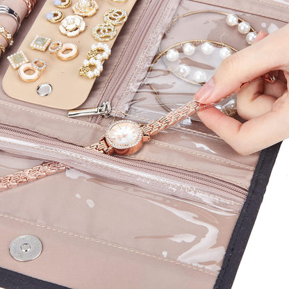 Travel Jewelry Case Organizer, Medium Foldable Storage Roll for Earrings, Necklaces, Rings, Bracelets, Brooches, Pink