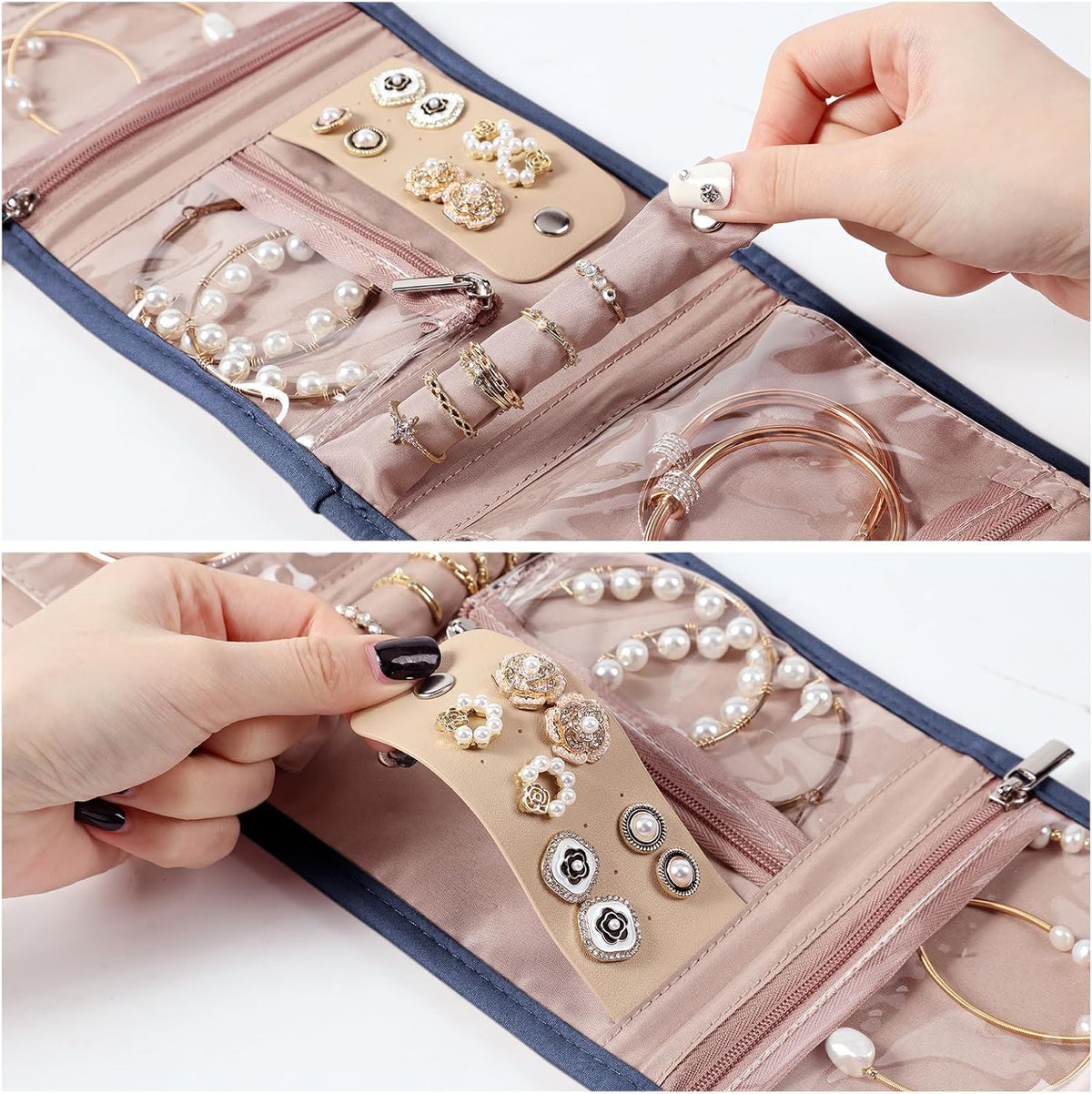 Travel Jewelry Case Organizer, Medium Foldable Storage Roll for Earrings, Necklaces, Rings, Bracelets, Brooches, Pink