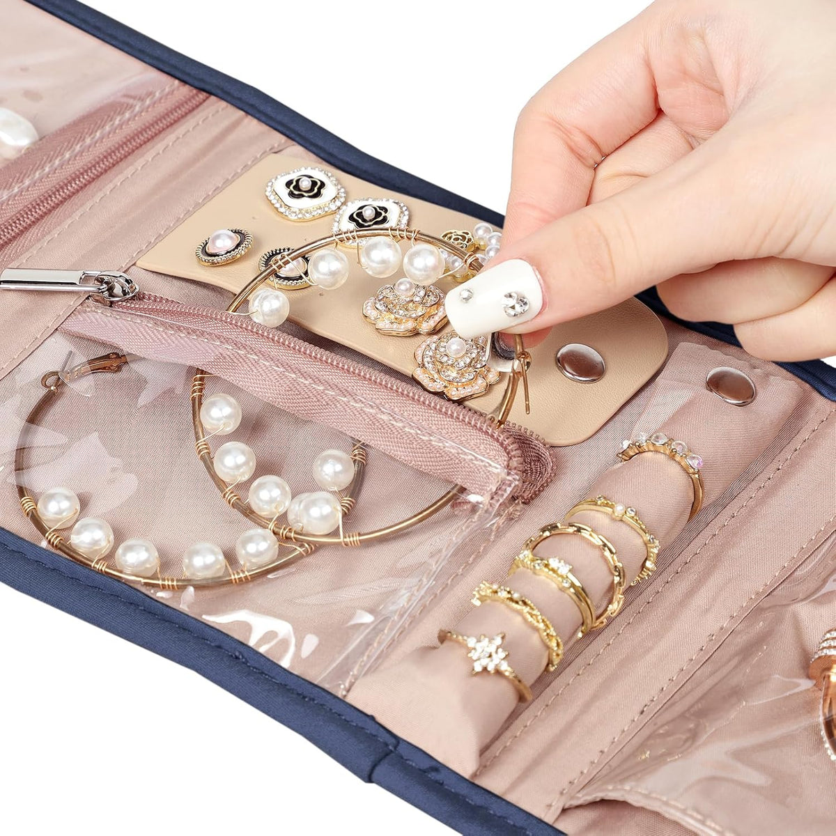 Travel Jewelry Case Organizer, Medium Foldable Storage Roll for Earrings, Necklaces, Rings, Bracelets, Brooches, Pink