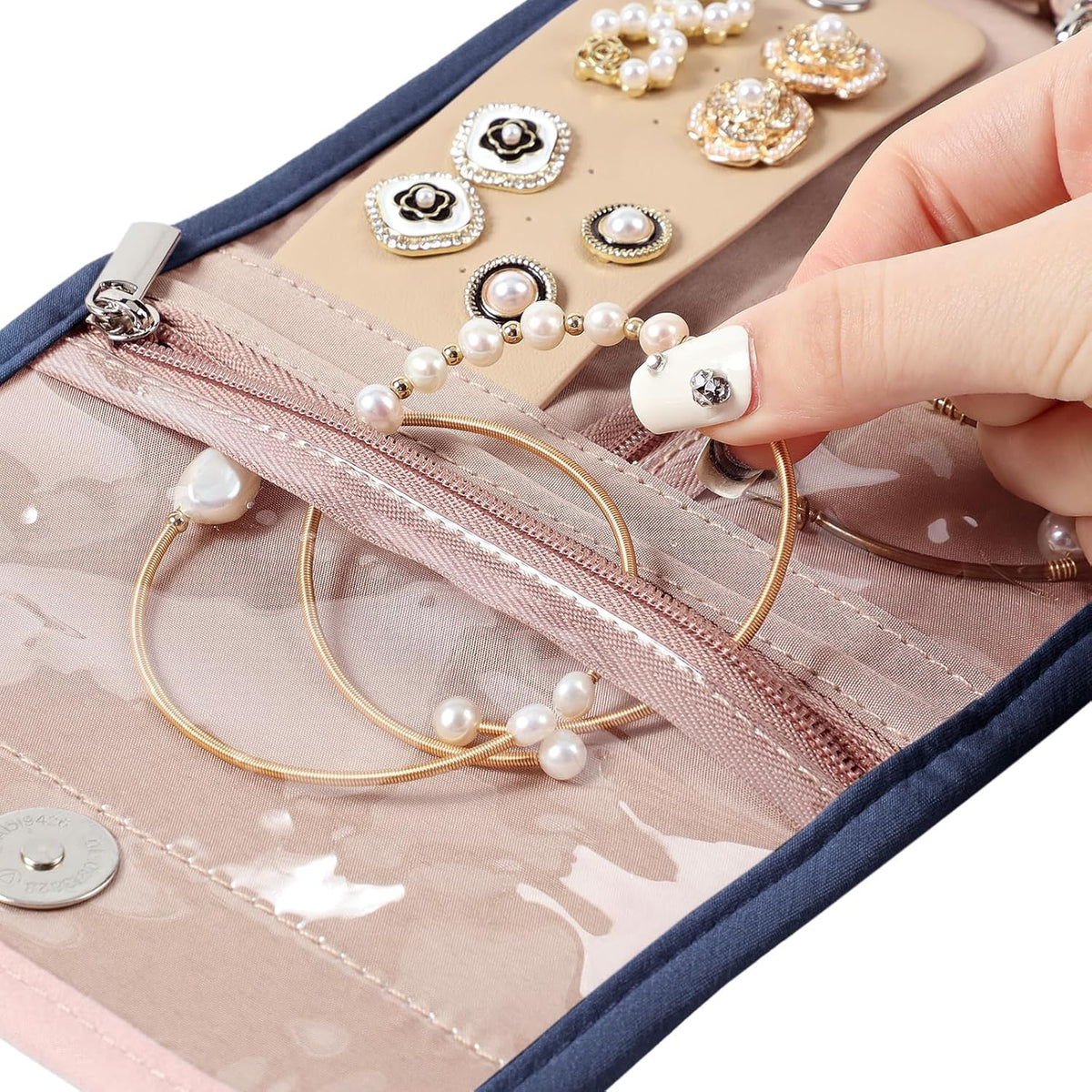 Travel Jewelry Case Organizer, Medium Foldable Storage Roll for Earrings, Necklaces, Rings, Bracelets, Brooches, Pink