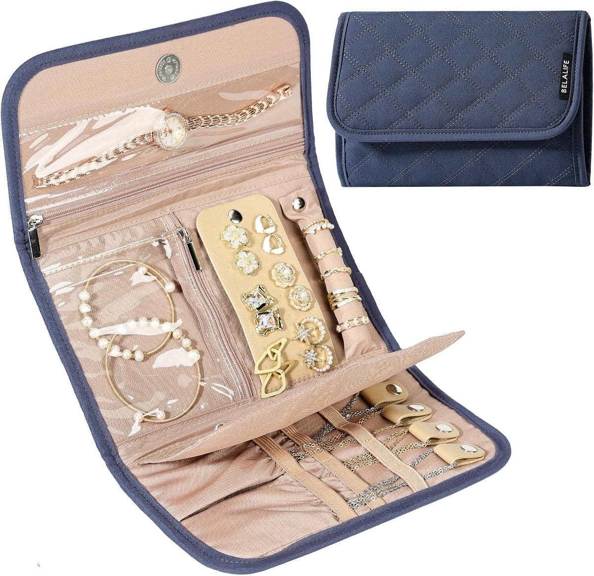 Travel Jewelry Case Organizer, Medium Foldable Storage Roll for Earrings, Necklaces, Rings, Bracelets, Brooches, Pink