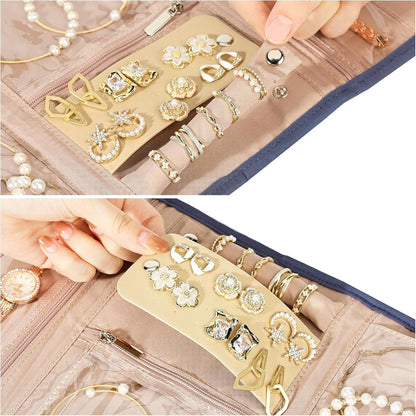Travel Jewelry Case Organizer, Medium Foldable Storage Roll for Earrings, Necklaces, Rings, Bracelets, Brooches, Pink