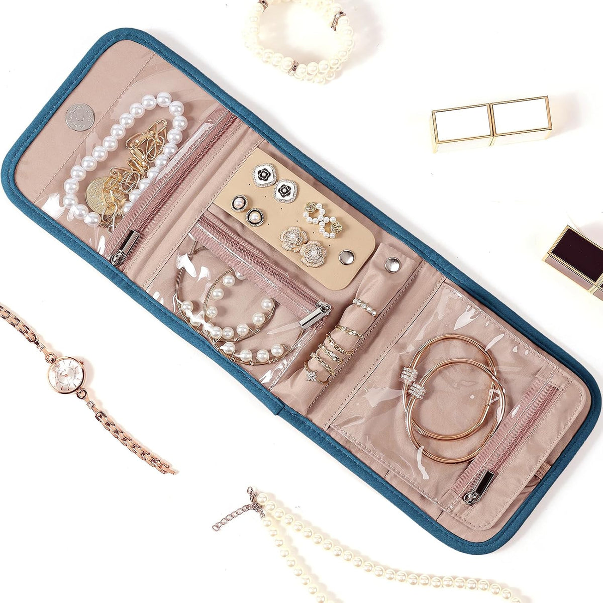 Travel Jewelry Case Organizer, Medium Foldable Storage Roll for Earrings, Necklaces, Rings, Bracelets, Brooches, Pink