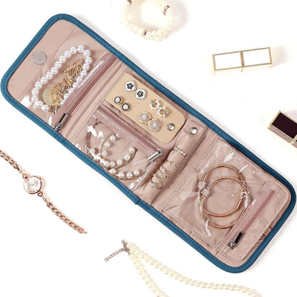 Travel Jewelry Case Organizer, Medium Foldable Storage Roll for Earrings, Necklaces, Rings, Bracelets, Brooches, Pink