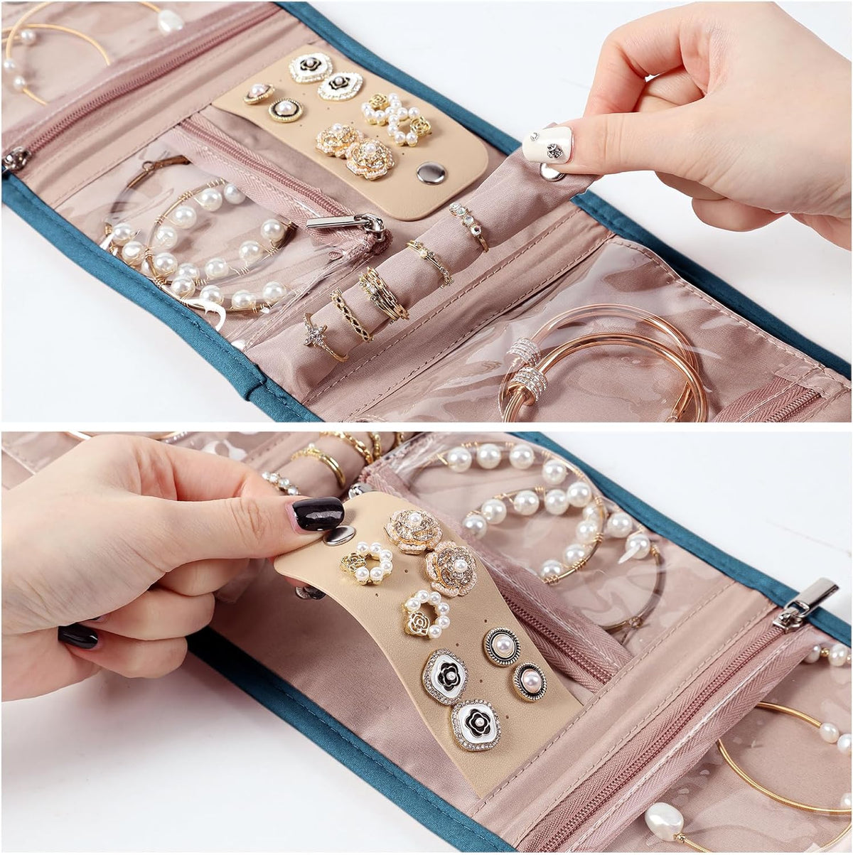 Travel Jewelry Case Organizer, Medium Foldable Storage Roll for Earrings, Necklaces, Rings, Bracelets, Brooches, Pink