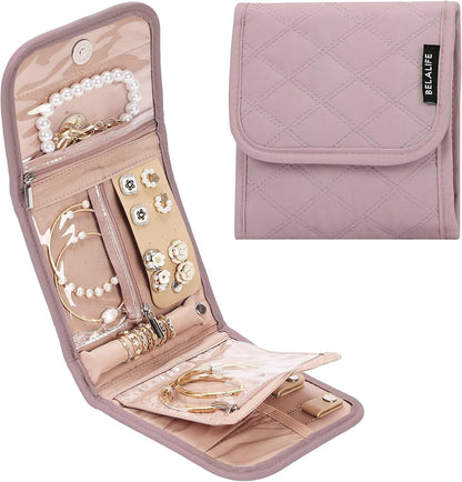 Travel Jewelry Case Organizer, Medium Foldable Storage Roll for Earrings, Necklaces, Rings, Bracelets, Brooches, Pink