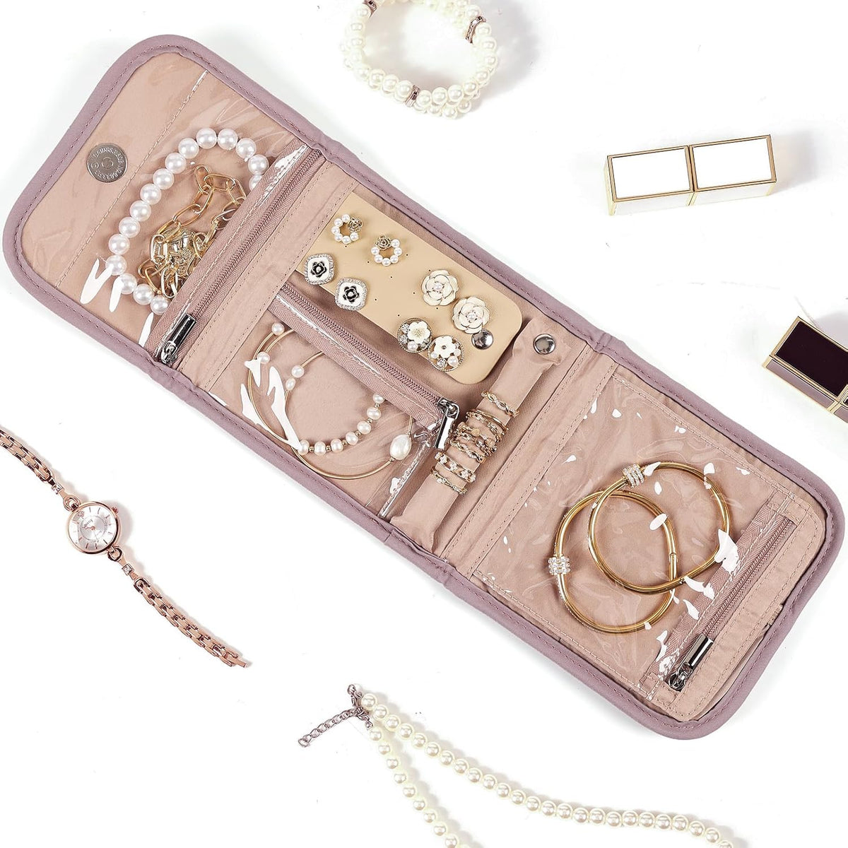 Travel Jewelry Case Organizer, Medium Foldable Storage Roll for Earrings, Necklaces, Rings, Bracelets, Brooches, Pink