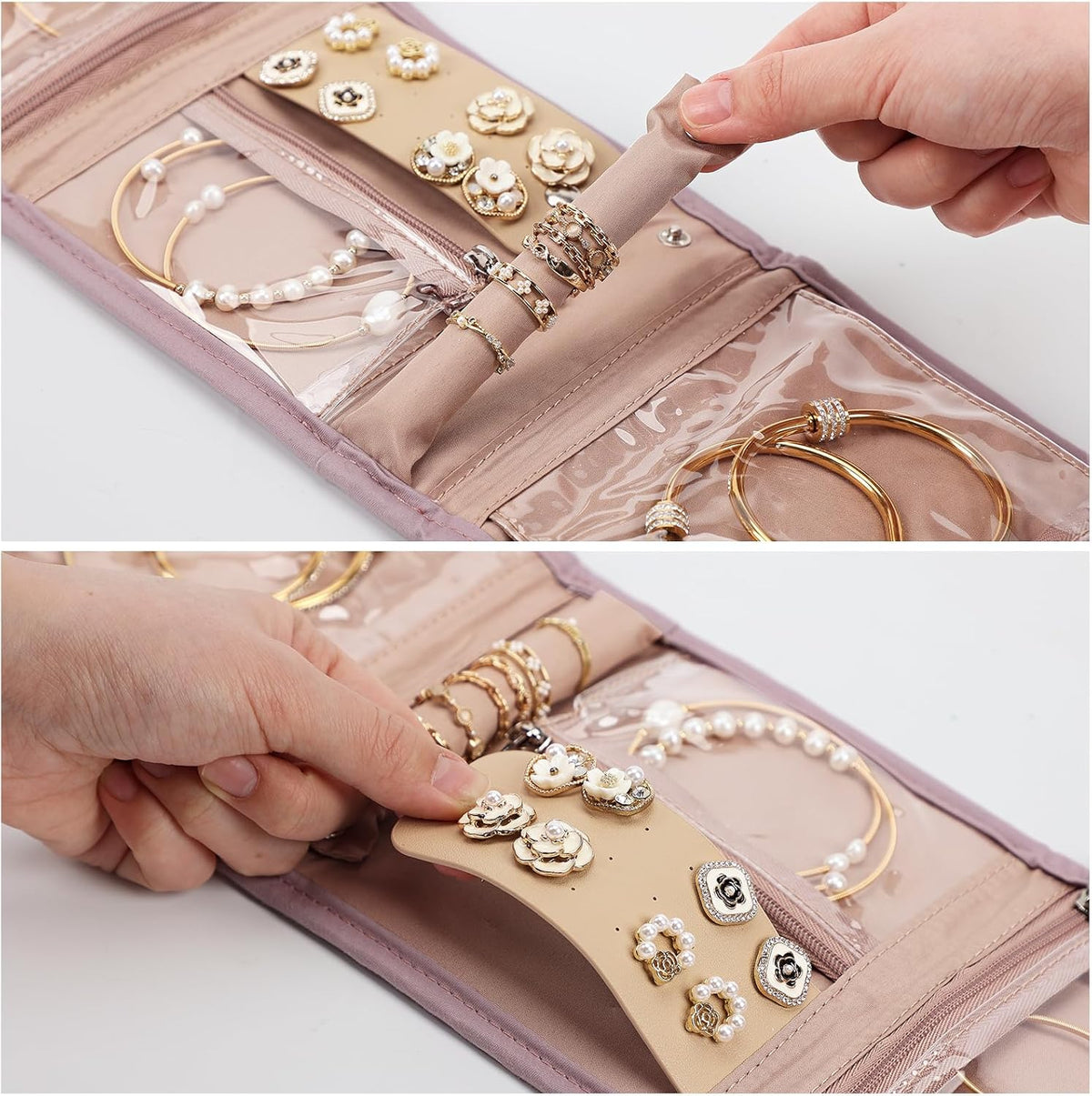 Travel Jewelry Case Organizer, Medium Foldable Storage Roll for Earrings, Necklaces, Rings, Bracelets, Brooches, Pink