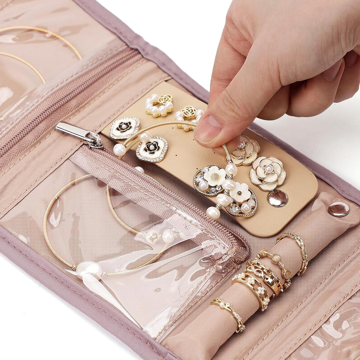 Travel Jewelry Case Organizer, Medium Foldable Storage Roll for Earrings, Necklaces, Rings, Bracelets, Brooches, Pink