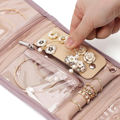 Travel Jewelry Case Organizer, Medium Foldable Storage Roll for Earrings, Necklaces, Rings, Bracelets, Brooches, Pink