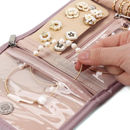 Travel Jewelry Case Organizer, Medium Foldable Storage Roll for Earrings, Necklaces, Rings, Bracelets, Brooches, Pink
