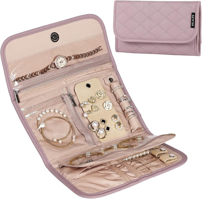 Travel Jewelry Case Organizer, Medium Foldable Storage Roll for Earrings, Necklaces, Rings, Bracelets, Brooches, Pink