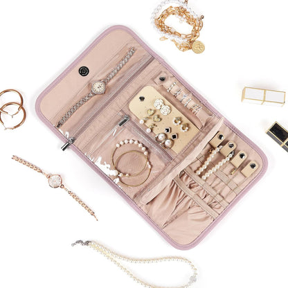 Travel Jewelry Case Organizer, Medium Foldable Storage Roll for Earrings, Necklaces, Rings, Bracelets, Brooches, Pink
