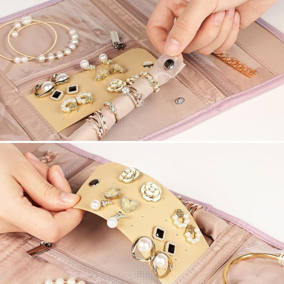 Travel Jewelry Case Organizer, Medium Foldable Storage Roll for Earrings, Necklaces, Rings, Bracelets, Brooches, Pink