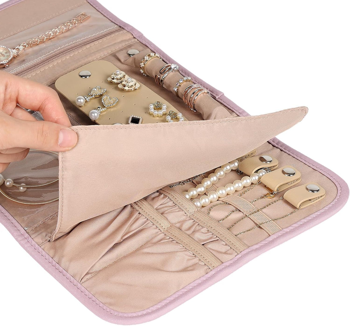 Travel Jewelry Case Organizer, Medium Foldable Storage Roll for Earrings, Necklaces, Rings, Bracelets, Brooches, Pink