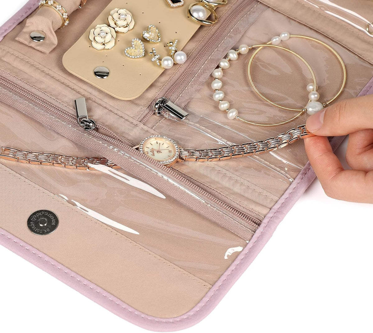 Travel Jewelry Case Organizer, Medium Foldable Storage Roll for Earrings, Necklaces, Rings, Bracelets, Brooches, Pink
