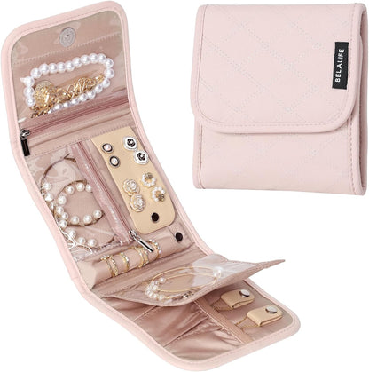 Travel Jewelry Case Organizer, Medium Foldable Storage Roll for Earrings, Necklaces, Rings, Bracelets, Brooches, Pink