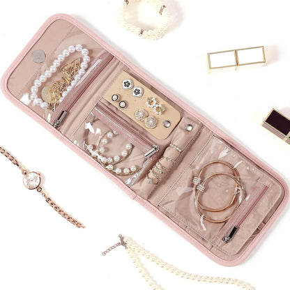 Travel Jewelry Case Organizer, Medium Foldable Storage Roll for Earrings, Necklaces, Rings, Bracelets, Brooches, Pink