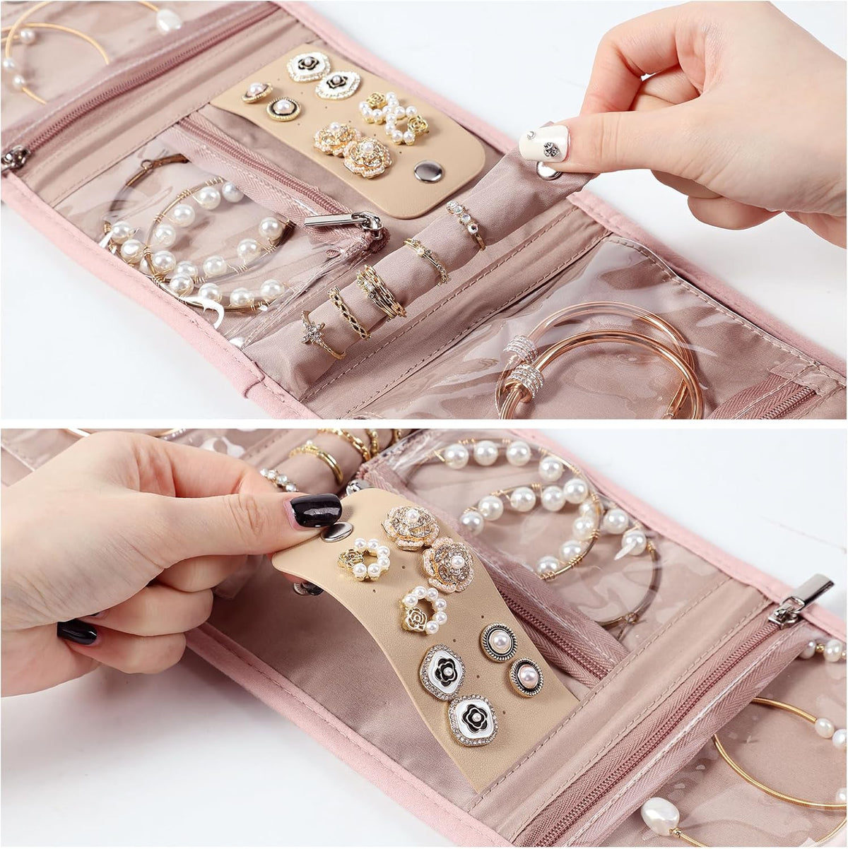 Travel Jewelry Case Organizer, Medium Foldable Storage Roll for Earrings, Necklaces, Rings, Bracelets, Brooches, Pink