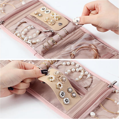 Travel Jewelry Case Organizer, Medium Foldable Storage Roll for Earrings, Necklaces, Rings, Bracelets, Brooches, Pink