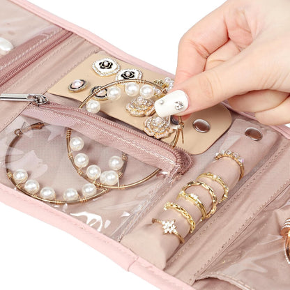 Travel Jewelry Case Organizer, Medium Foldable Storage Roll for Earrings, Necklaces, Rings, Bracelets, Brooches, Pink